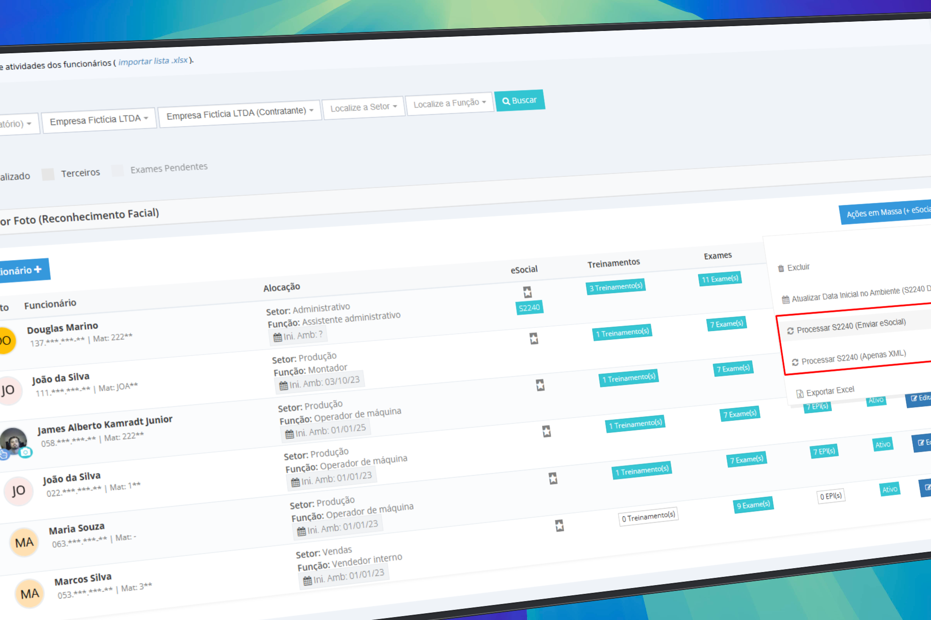 Painel de eventos do eSocial SST no Bevart com o status de cada envio